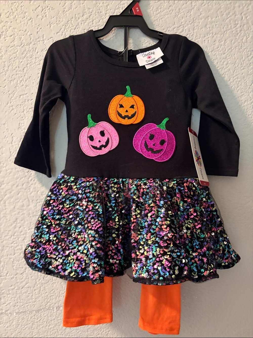 Sequin Pumpkin Halloween Dress with Orange Leggings - CozyKids